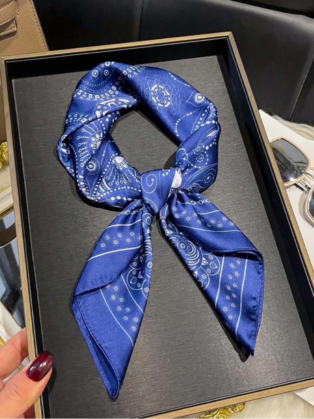 Blue Bandana Print Faux Silk Scarf